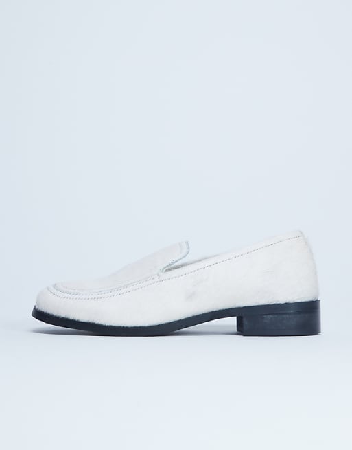 Topshop Corrie Real Leather Flat Shoe Loafer In Off White Pony