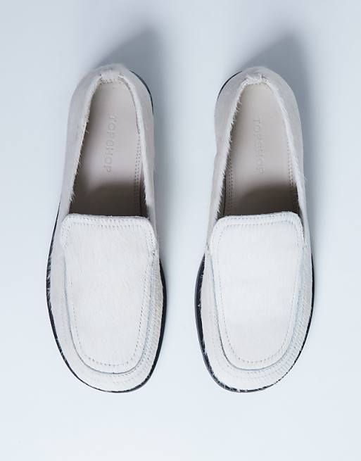 Topshop Corrie real leather flat shoe loafer in off white pony