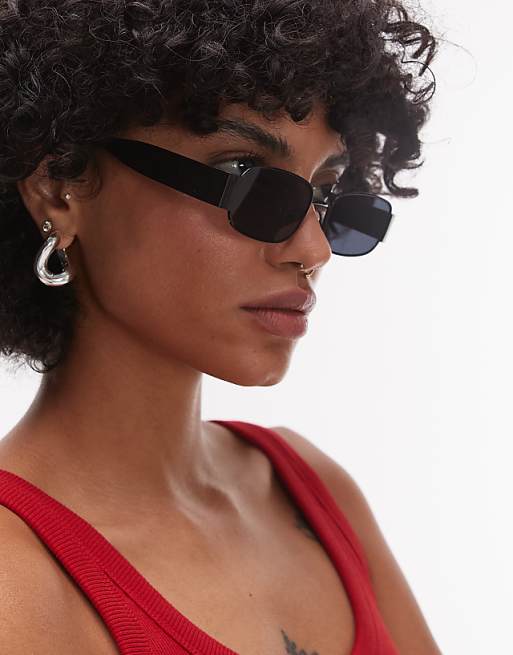 Topshop Crete rectangle metal sunglasses in black