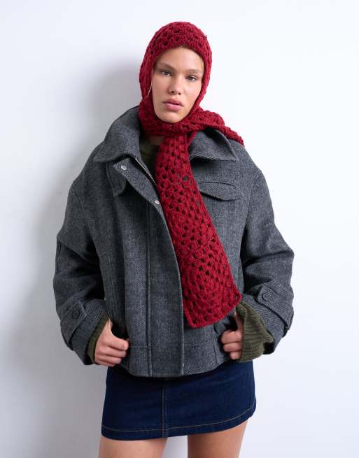 Topshop Crochet Balaclava In Red