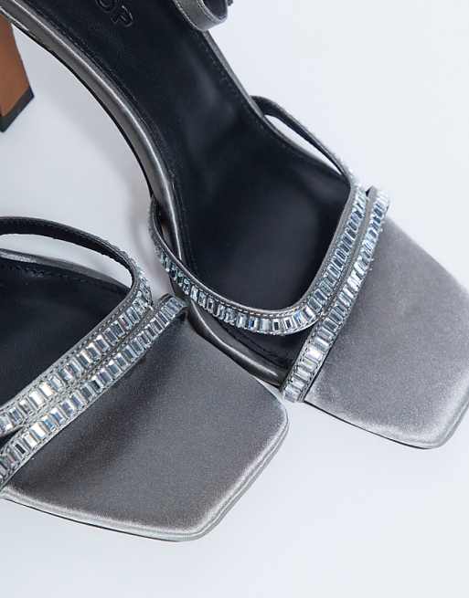 Topshop Fifi Embellished Flare Heel Sandal In Silver