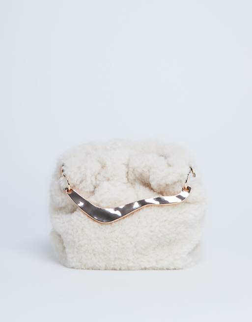 Topshop Gabriette borg metal trim handle grab bag in cream