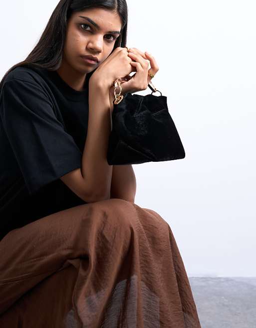 Topshop Gabriette velvet metal trim handle grab bag in black