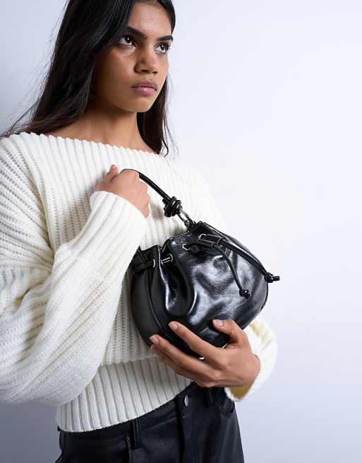 Topshop Gabs ruched drawstring bell bag in black
