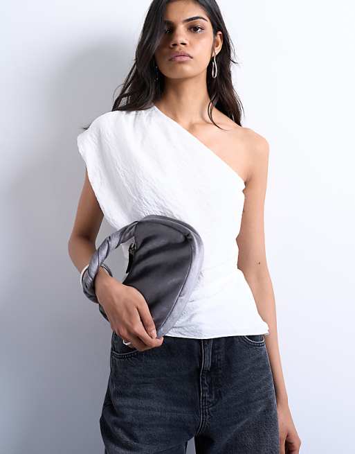 Topshop Gail twist handle velvet grab bag in slate grey