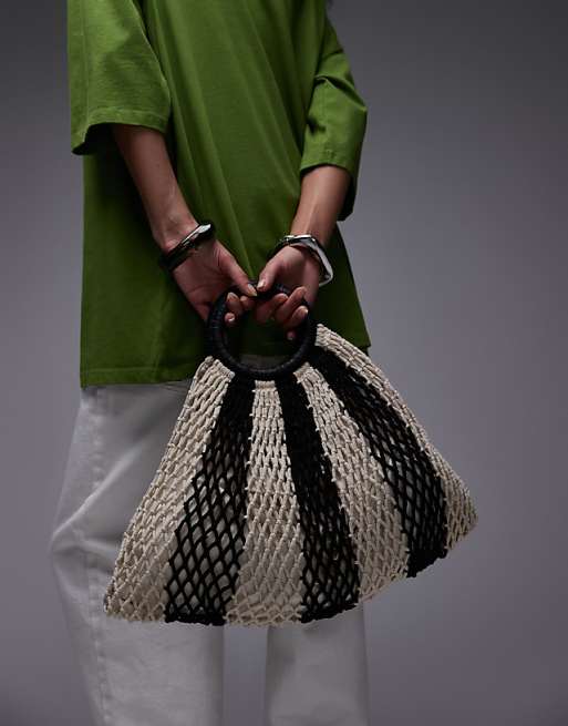 Topshop Gemma Stripe Crochet Grab Bag In Black Stripe