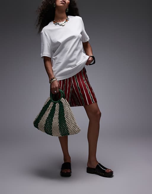 Topshop Gemma Stripe Crochet Grab Bag In Green Stripe