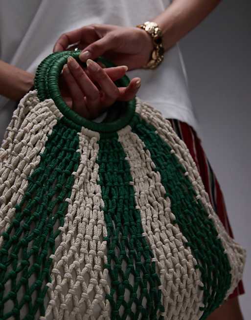 Topshop Gemma Stripe Crochet Grab Bag In Green Stripe