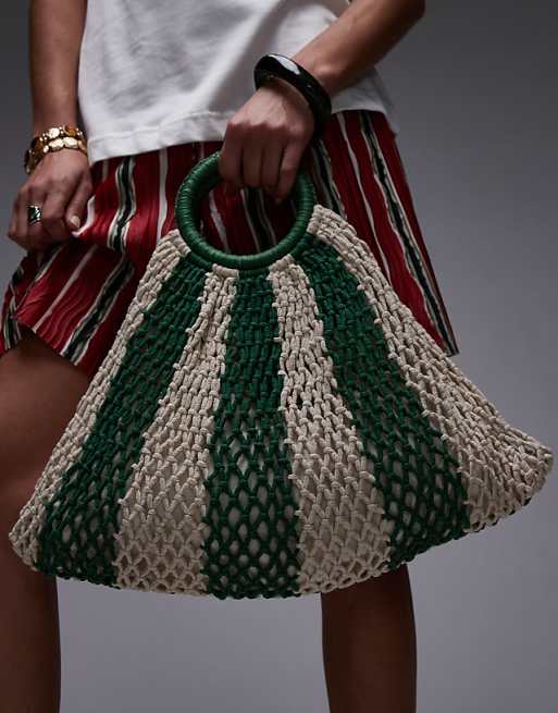 Topshop Gemma Stripe Crochet Grab Bag In Green Stripe