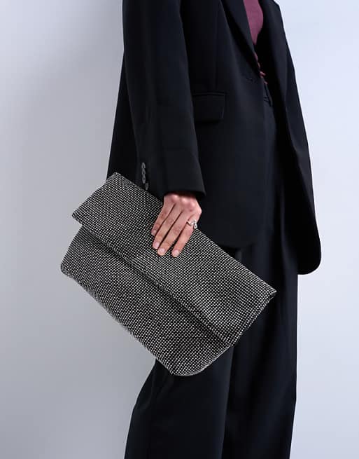 Topshop Georgia Folded Clutch Grab Diamante Bag In Black