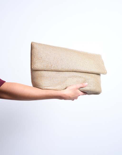 Topshop Georgia Folded Clutch Grab Diamante Bag In Gold