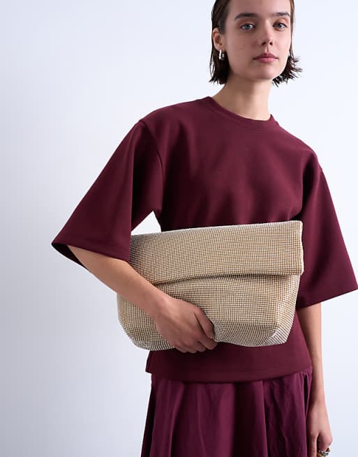 Topshop Georgia Folded Clutch Grab Diamante Bag In Gold