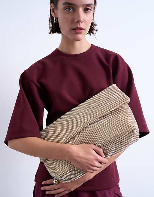 Topshop Georgia folded clutch grab diamante bag in gold