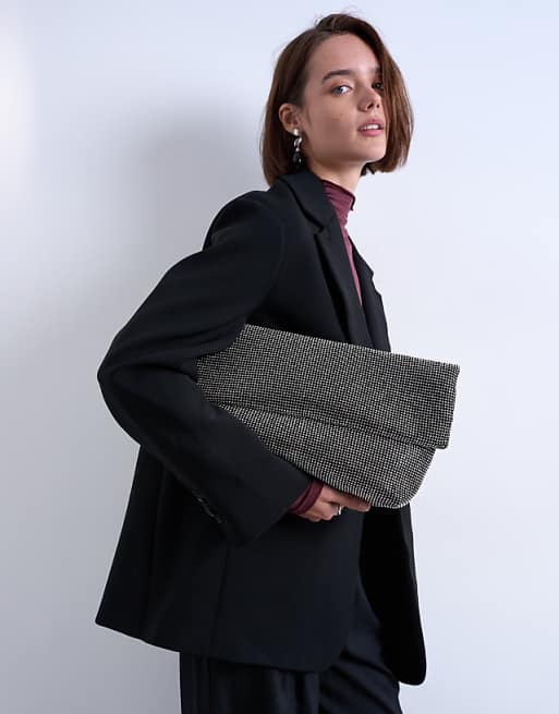 Topshop Georgia folded clutch grab diamante bag in black