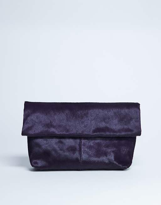 Topshop Georgia leather folded clutch grab bag in purple pony