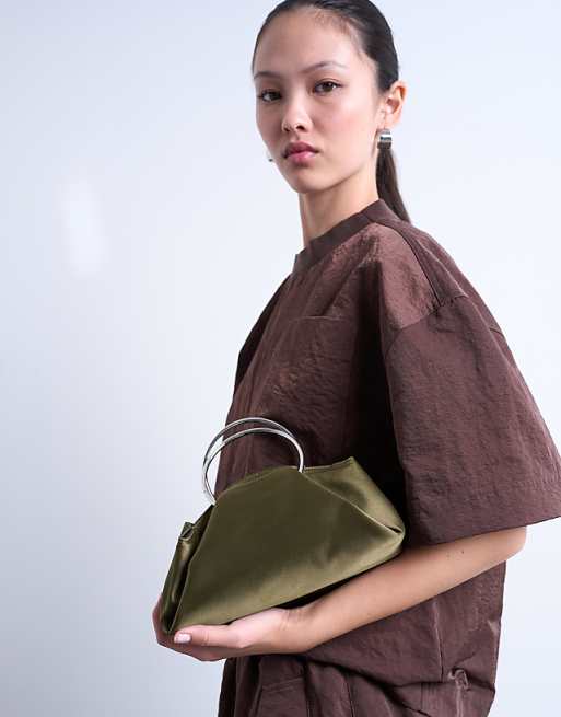 Topshop Ginny Metal Handle Grab Bag In Khaki