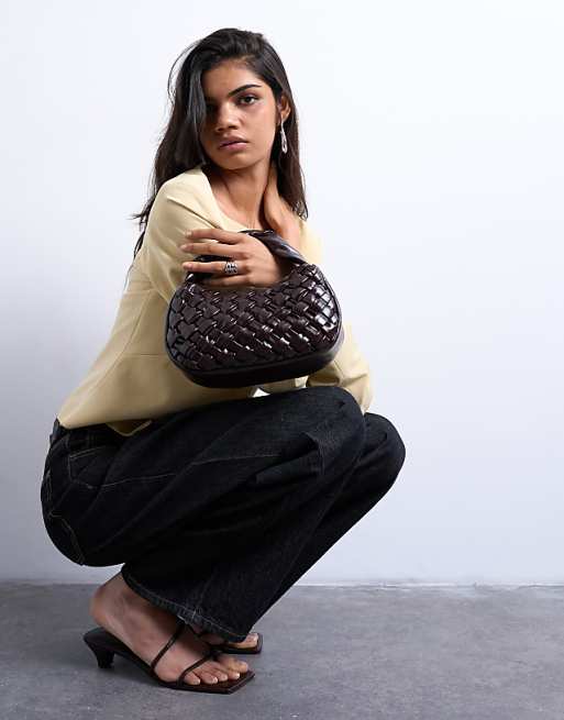 Topshop Gladys woven grab bag in chocolate