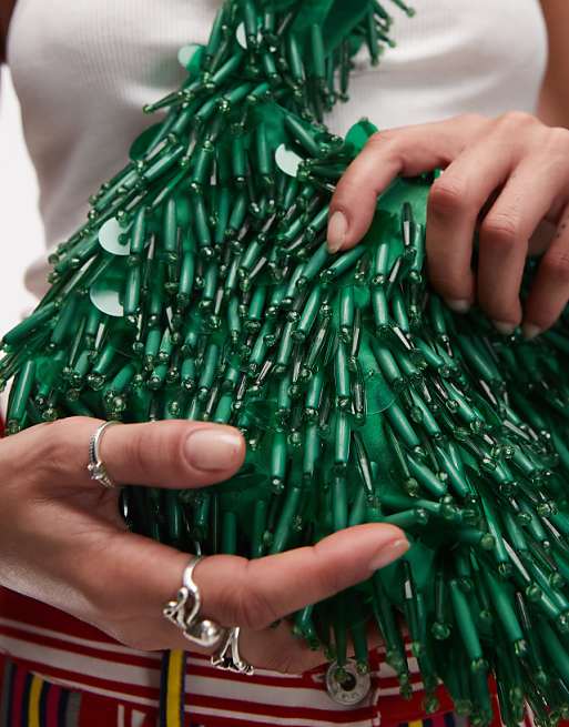 Topshop Golda Beaded Grab Bag In Green