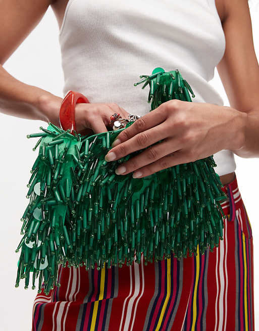 Topshop Golda Beaded Grab Bag In Green