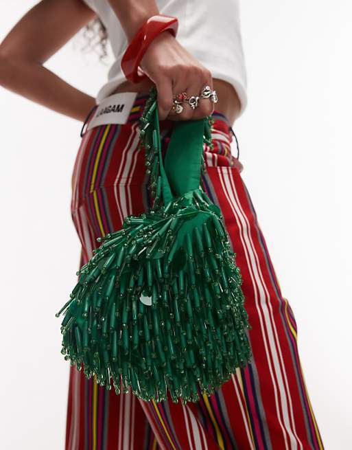 Topshop Golda beaded grab bag in green