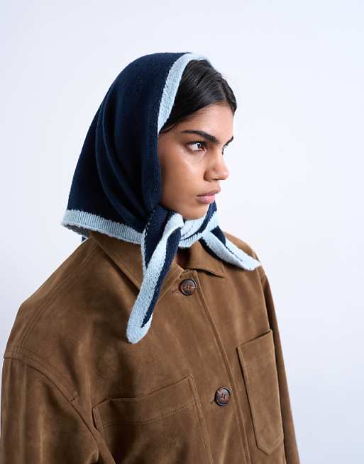 Topshop Heidi knitted headscarf in navy & light blue