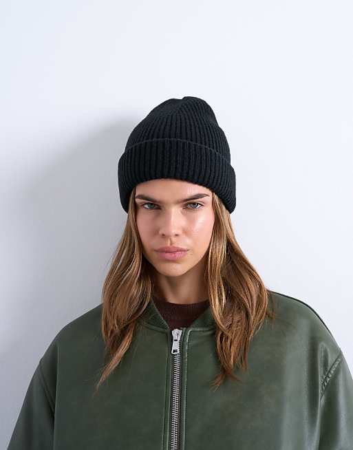 Topshop Henry ribbed beanie in black