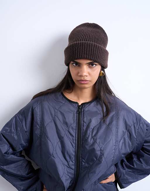 Topshop Henry ribbed beanie in chocolate