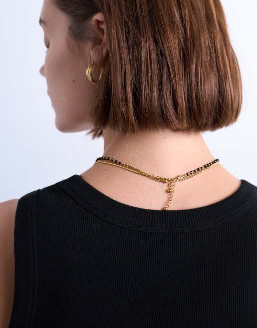 Topshop Maddox Stainless Steel Multi Chain Necklace With Black Beads In Gold