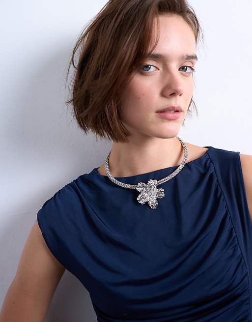 Topshop Maeve floral diamante necklace in silver