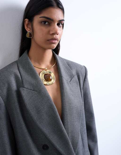Topshop Max Statement Necklace In Gold With Brown Stone