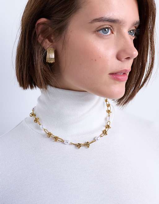 Topshop May stainless steel pearl chain necklace in gold