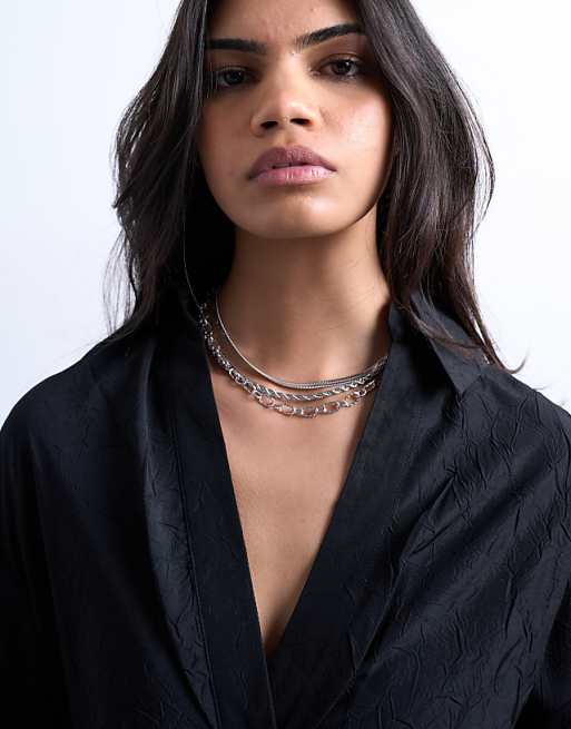 Topshop Mina waterproof stainless steel multirow chain necklace in silver