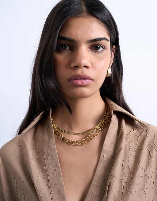 Topshop Mina waterproof stainless steel multirow chain necklace in gold