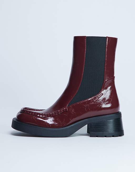 Topshop Narla square toe chelsea boot in burgundy