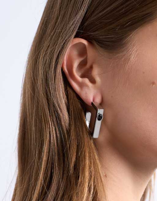 Topshop Perry Waterproof Stainless Steel Square Hoop Earring In Silver & Black Stone