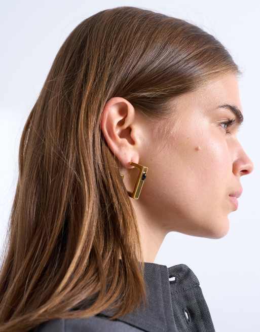 Topshop Perry Waterproof Stainless Steel Square Hoop Earring In Gold & Black Stone