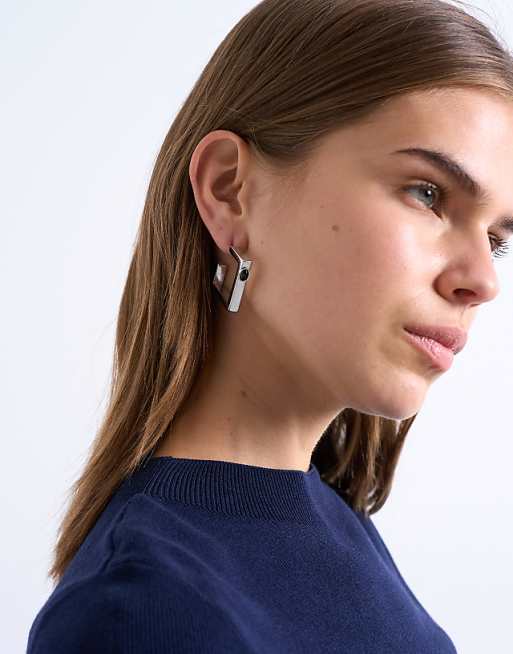 Topshop Perry waterproof stainless steel square hoop earring in silver & black stone