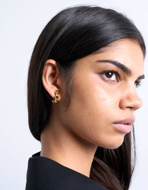 Topshop Piper Stainless Steel Hoop Earrings With Stones In Gold & Tiger
