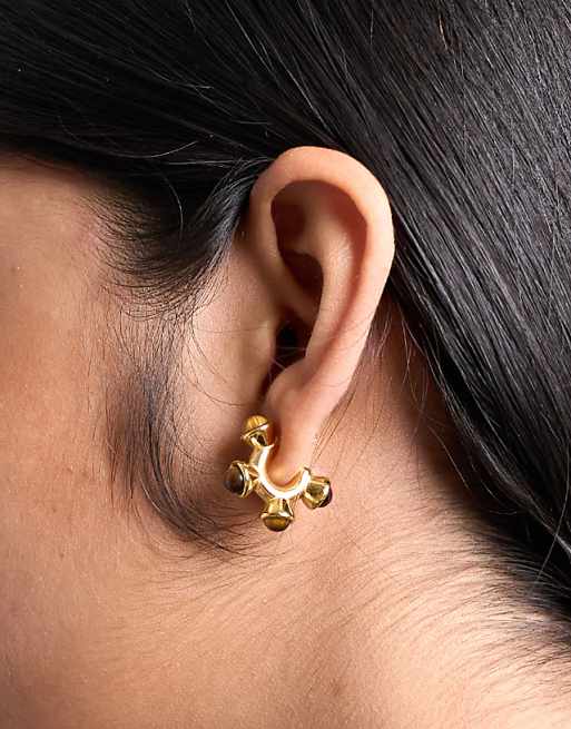 Topshop Piper stainless steel hoop earrings with stones in gold & tiger