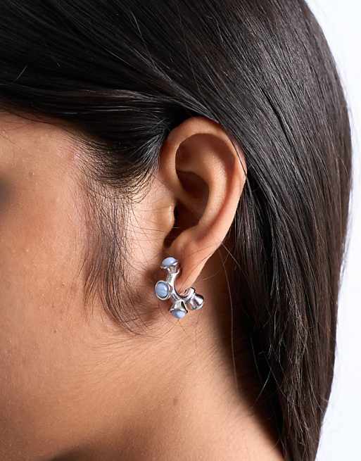 Topshop Piper stainless steel hoop earrings with stones in silver & blue