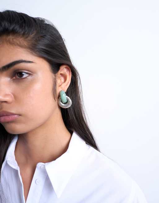 Topshop Poppi Door Knocker Earring With Semi Precious Stone In Silver