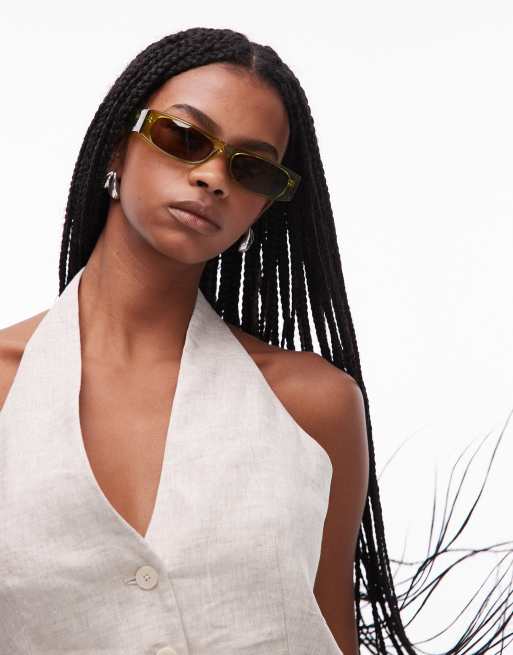 Topshop Premium Seychelles Rectangular Acetate Sunglasses In Khaki