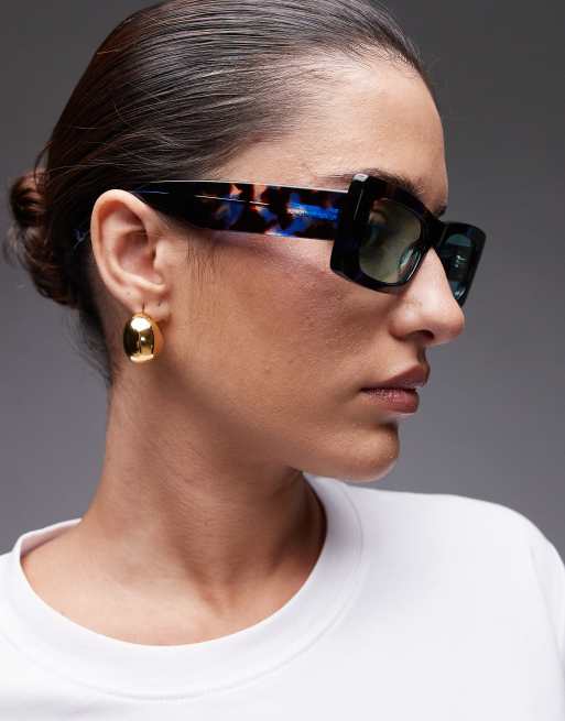 Topshop Premium Zanzibar Rectangular Acetate Sunglasses In Blue Tort