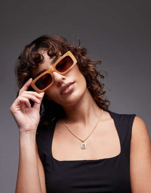 Topshop Premium Zanzibar Rectangular Acetate Sunglasses In Caramel
