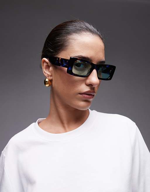 Topshop Premium Zanzibar rectangular acetate sunglasses in blue tort