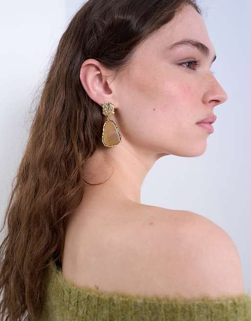 Topshop Prince textured stud earring with tiger stone in gold and brown