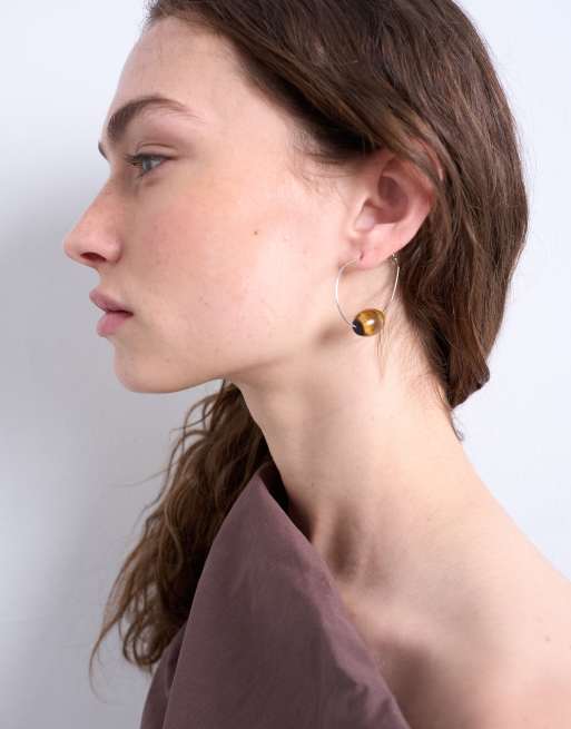 Topshop Priya Teardrop Hoop Earrings With Semi Precious Stone In Silver And Brown