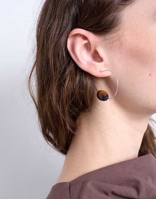 Topshop Priya teardrop hoop earrings with semi precious stone in silver and brown
