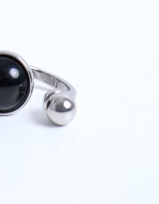 Topshop Rae Stainless Steel Ring With Semi Precious Stone In Silver & Black