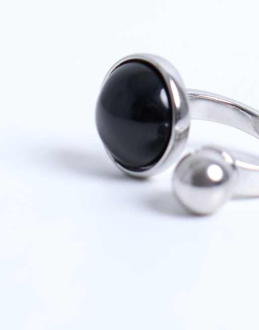 Topshop Rae Stainless Steel Ring With Semi Precious Stone In Silver & Black